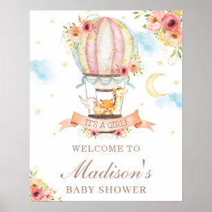 Blommigt Luftballong Baby Shower Animals Välkommen Poster