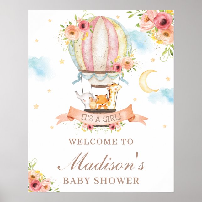 Blommigt Luftballong Baby Shower Animals Välkommen Poster (Framsidan)