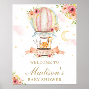Blommigt Luftballong Baby Shower Animals Välkommen Poster
