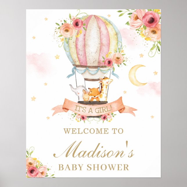 Blommigt Luftballong Baby Shower Animals Välkommen Poster (Framsidan)