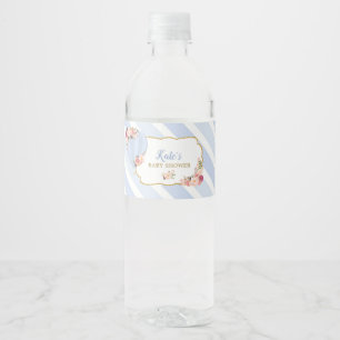 Blommigt Luftballong Baby Shower Blue Pojke Vattenflaskor Etikett