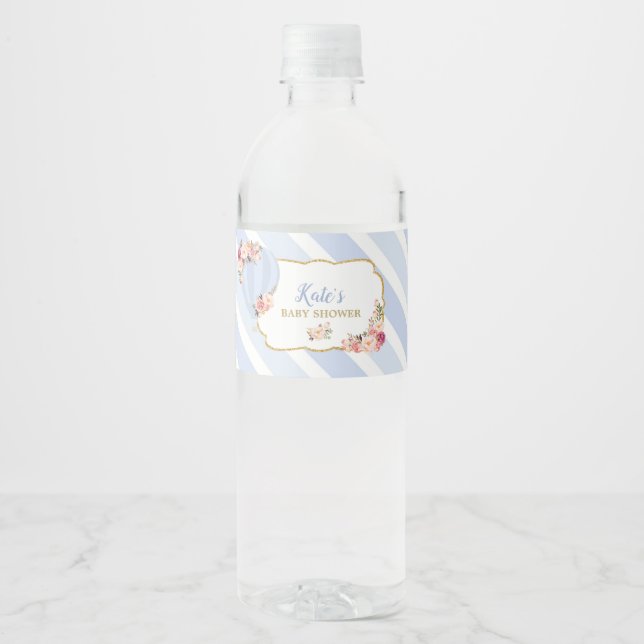 Blommigt Luftballong Baby Shower Blue Pojke Vattenflaskor Etikett (Framsida)