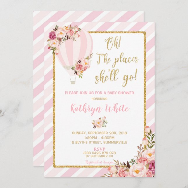 Blommigt Luftballong Baby Shower-inbjudan Flicka Inbjudningar (Fram/baksida)