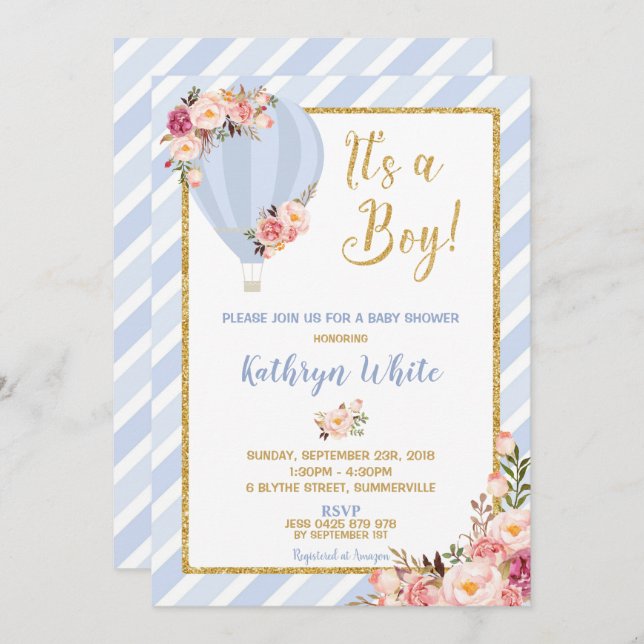Blommigt Luftballong Baby Shower-inbjudning Boy Inbjudningar (Fram/baksida)