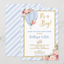Blommigt Luftballong Baby Shower-inbjudning Boy