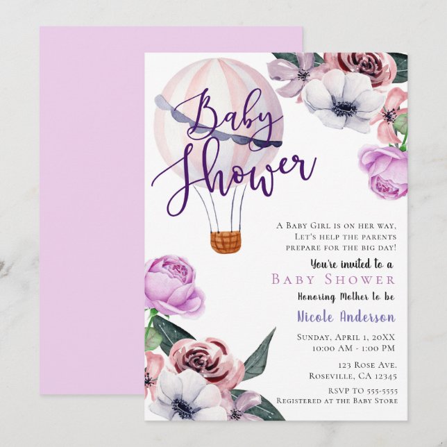 Blommigt Luftballong Baby Shower lavender lila Inbjudningar (Fram/baksida)