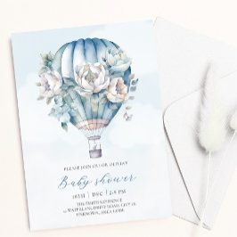Blommigt Luftballong Blue Boy Baby Shower Inbjudningar
