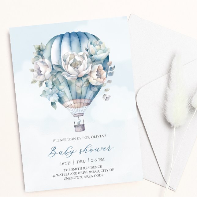 Blommigt Luftballong Blue Boy Baby Shower Inbjudningar (Skapare uppladdad)