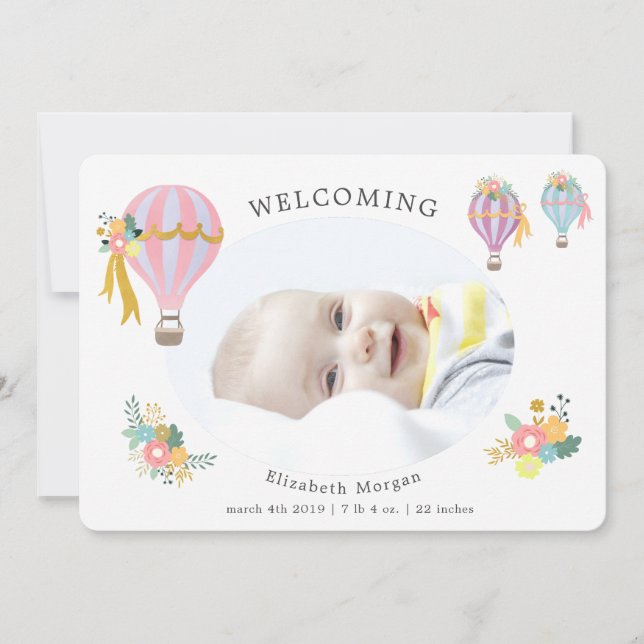 blommigt luftballong födelseattest kort (Framsida)