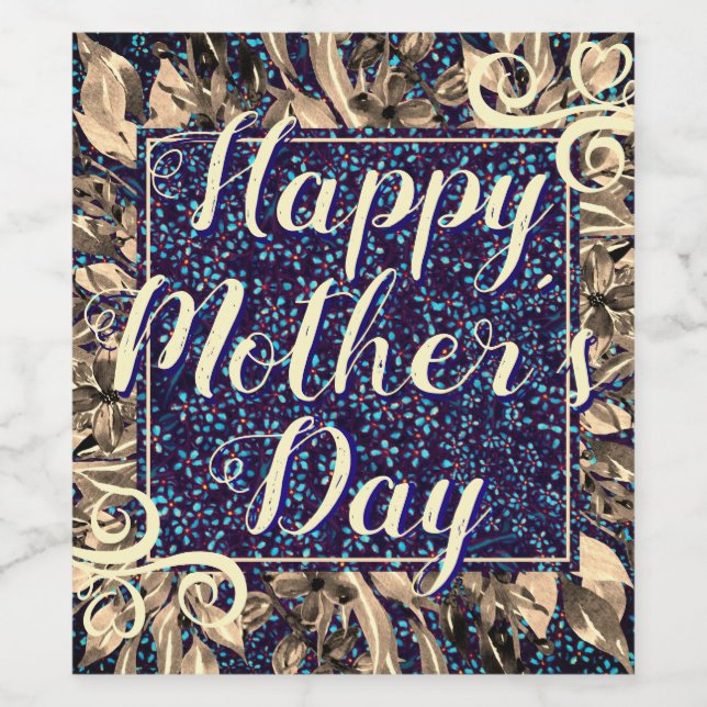 Blommigt Lycklig Elegant Navy Guld Boho Vinflaska Etikett (Singel etikett)