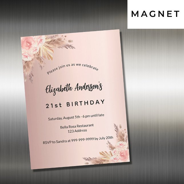 Blommigt lyx för pampasgräs i ro vid födelsedagen magnetisk inbjudningskort (Skapare uppladdad)