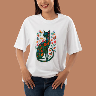 Blommigt Magic Cat T-Shirt - Whimsical Botanical C