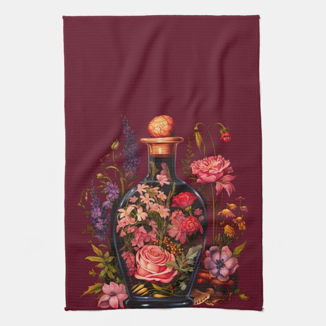 Blommigt Magic Potion - Anpassat namn för Witchy V Kökshandduk (Vertikal)