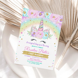 Blommigt Magic Rainbow Unicorn Birthday Inbjudningar