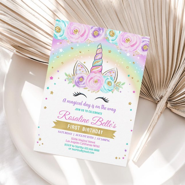 Blommigt Magic Rainbow Unicorn Birthday Inbjudningar (Skapare uppladdad)