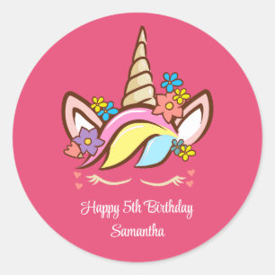 Blommigt Magic Unicorn Colorful Girl Birthday Runt Klistermärke