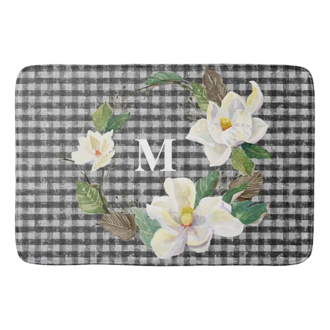 Blommigt Magnolia Black and White Check w Monogram Badrumsmatta (Framsidan)