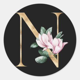 Blommigt magnolia monogram i guld brev N Runt Klistermärke
