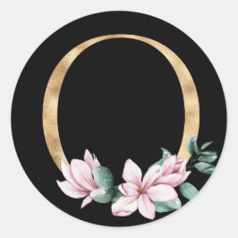 Blommigt magnolia monogram i guld brev O Runt Klistermärke