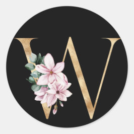 Blommigt magnolia monogram i guld brev W Runt Klistermärke