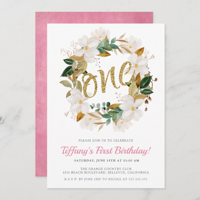 Blommigt Magnolia Rosa och Guld 1:a födelsedagen P Inbjudningar (Fram/baksida)