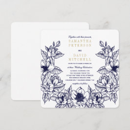 Blommigt Magnolia WAN | Blå och Guld | BRÖLLOP Inbjudningar