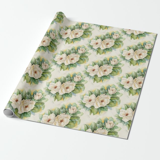 Blommigt Magnolia White Vintage Presentpapper (Utrullad)
