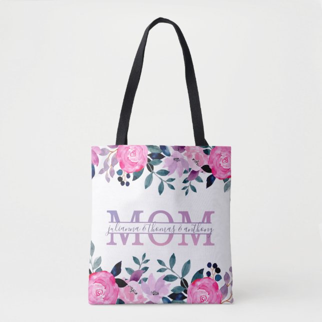 Blommigt Mamma delade Monogram med barn namn Tygkasse (Framsida)