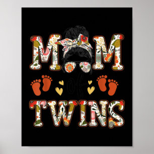 Blommigt Mamma i Twillingar Messy Bun Lycklig Mor Poster