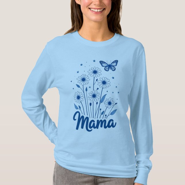Blommigt Mamma Script med Blue Butterfly T Shirt (Framsida)