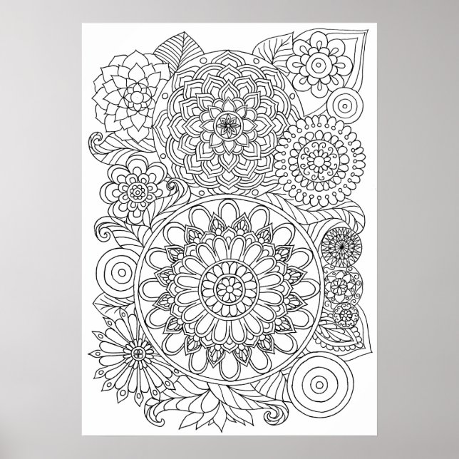 Blommigt Mandala Bouquet Vuxen Coloring Poster (Framsidan)