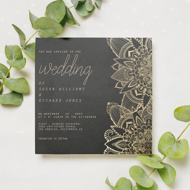 Blommigt mandala bröllop inbjudningar (Luxury black gold script floral mandala wedding)