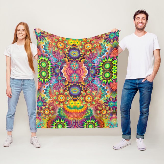 Blommigt Mandala Collage Psychedelic Fleecefilt (På plats)