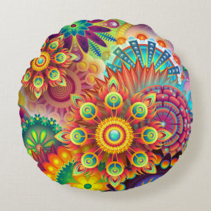 Blommigt Mandala Collage Psychedelic Rund Kudde