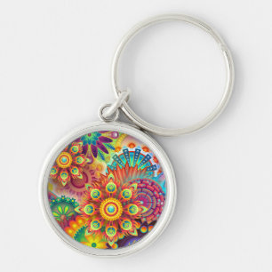 Blommigt Mandala Collage Psychedelic Rund Silverfärgad Nyckelring