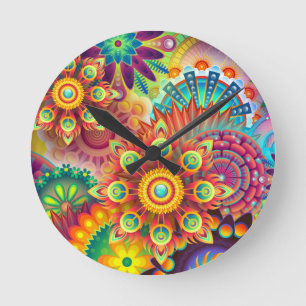 Blommigt Mandala Collage Psychedelic Wall Clock Rund Klocka