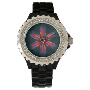 Blommigt Mandala Flowers Orange Red Blue Abstrakt Armbandsur