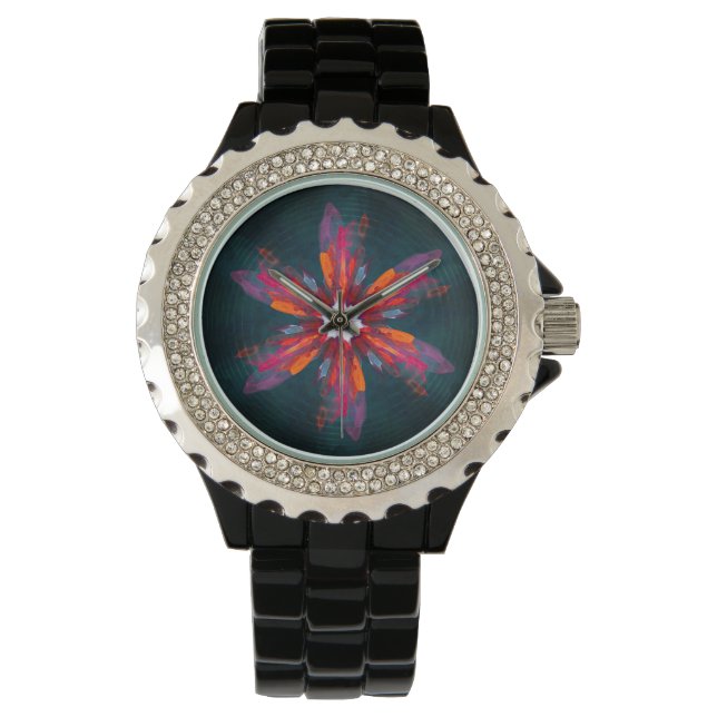 Blommigt Mandala Flowers Orange Red Blue Abstrakt Armbandsur (Framsida)