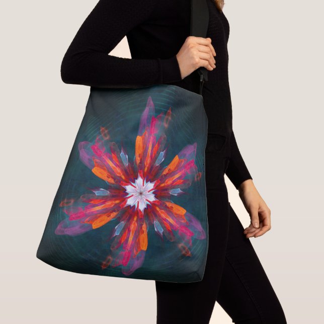 Blommigt Mandala Flowers Orange Red Blue Abstrakt Axelväska (Närbild)