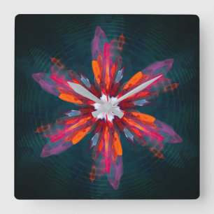 Blommigt Mandala Flowers Orange Red Blue Abstrakt Fyrkantig Klocka