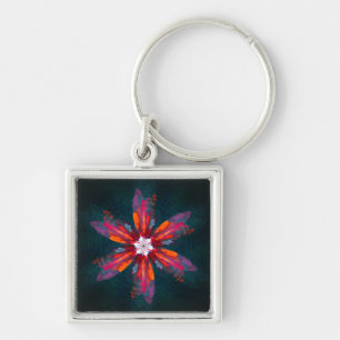 Blommigt Mandala Flowers Orange Red Blue Abstrakt Fyrkantig Silverfärgad Nyckelring