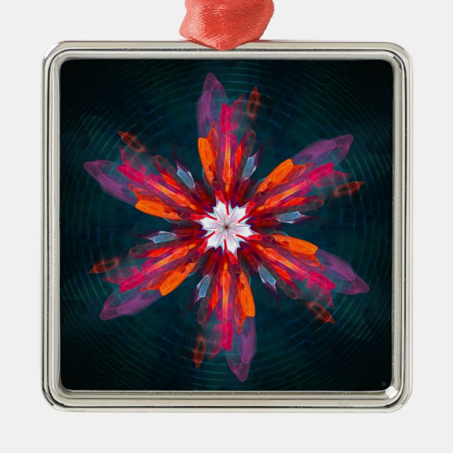 Blommigt Mandala Flowers Orange Red Blue Abstrakt Julgransprydnad Metall (Framsidan)