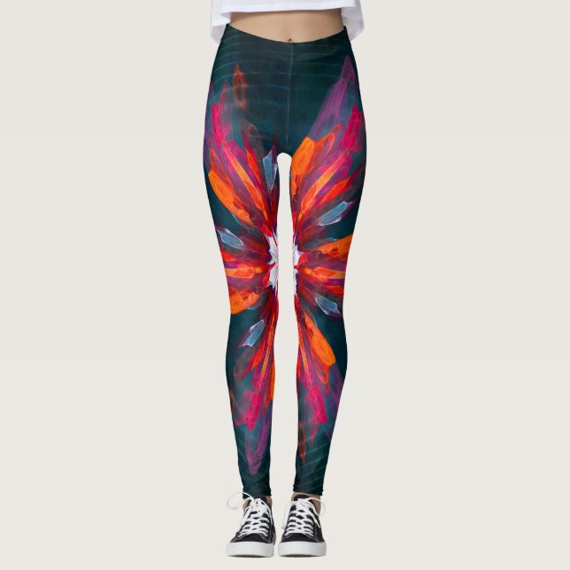 Blommigt Mandala Flowers Orange Red Blue Abstrakt Leggings (Framsida)