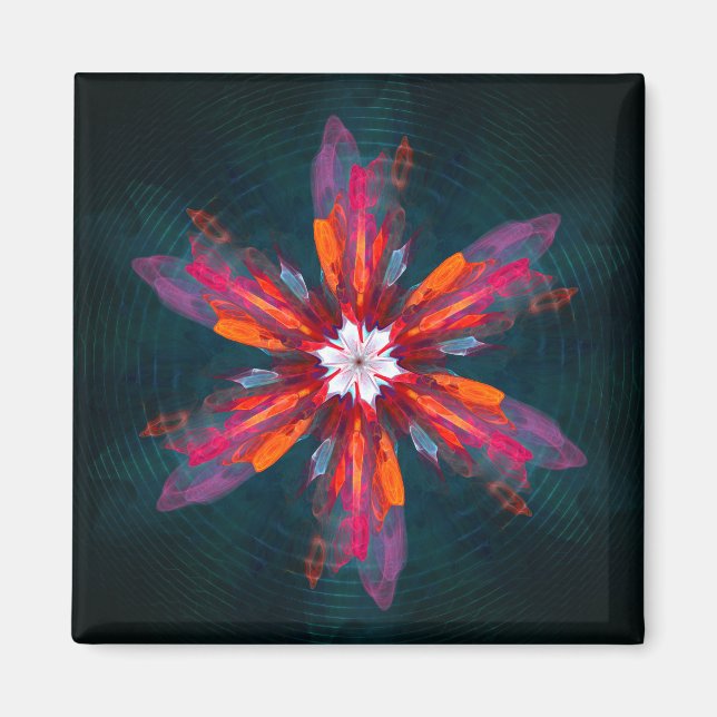 Blommigt Mandala Flowers Orange Red Blue Abstrakt Magnet (Framsidan)