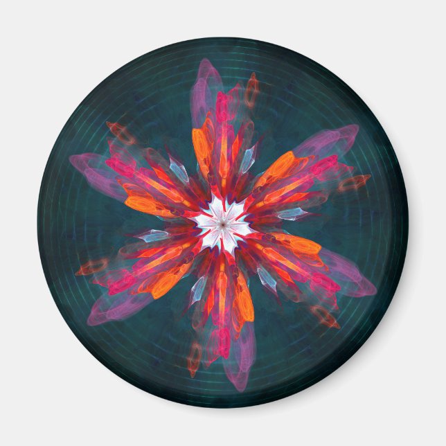 Blommigt Mandala Flowers Orange Red Blue Abstrakt Magnet (Framsidan)