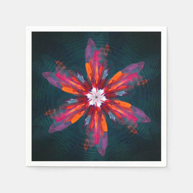 Blommigt Mandala Flowers Orange Red Blue Abstrakt Pappersservett (Framsidan)