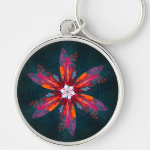 Blommigt Mandala Flowers Orange Red Blue Abstrakt Rund Silverfärgad Nyckelring