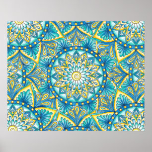 Blommigt Mandala Gult Blue Turcos Mönster Poster