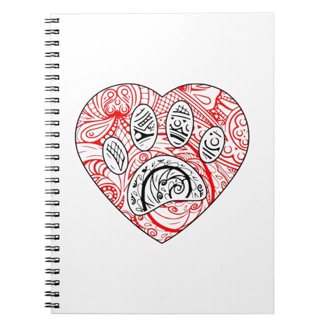 Blommigt Mandala Hund Paw Skriv ut Red Heart Anteckningsbok (Framsidan)