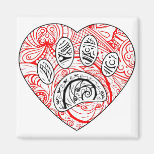 Blommigt Mandala Hund Paw Skriv ut Red Heart Magnet